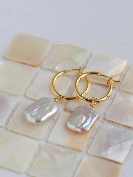 Hoop earrings with multi-tone finishes for a colorful and layered effect-Square Baroque Pearl Drop Hoop Earrings