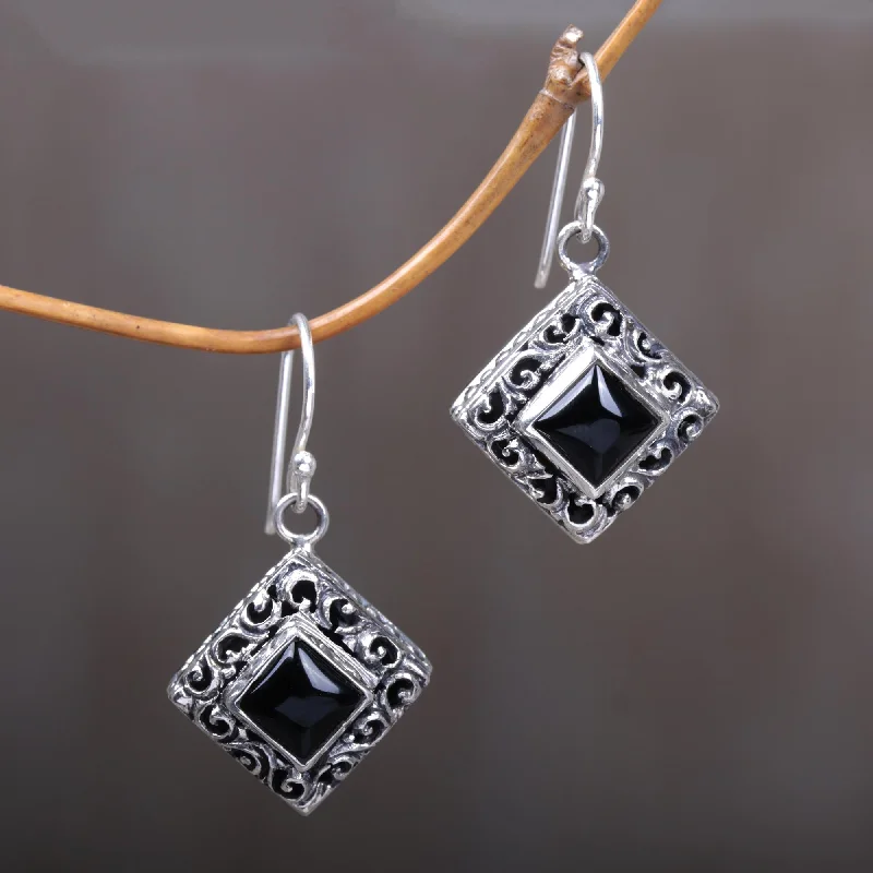 Best hoop earrings with infinity designs for a timeless and meaningful symbol-Square Stupa Onyx & Silver Dangle Earrings