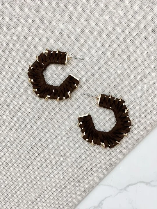 Best hoop earrings with tribal designs for a cultural and exotic aesthetic-Studded Suede Hoop Earrings - Brown