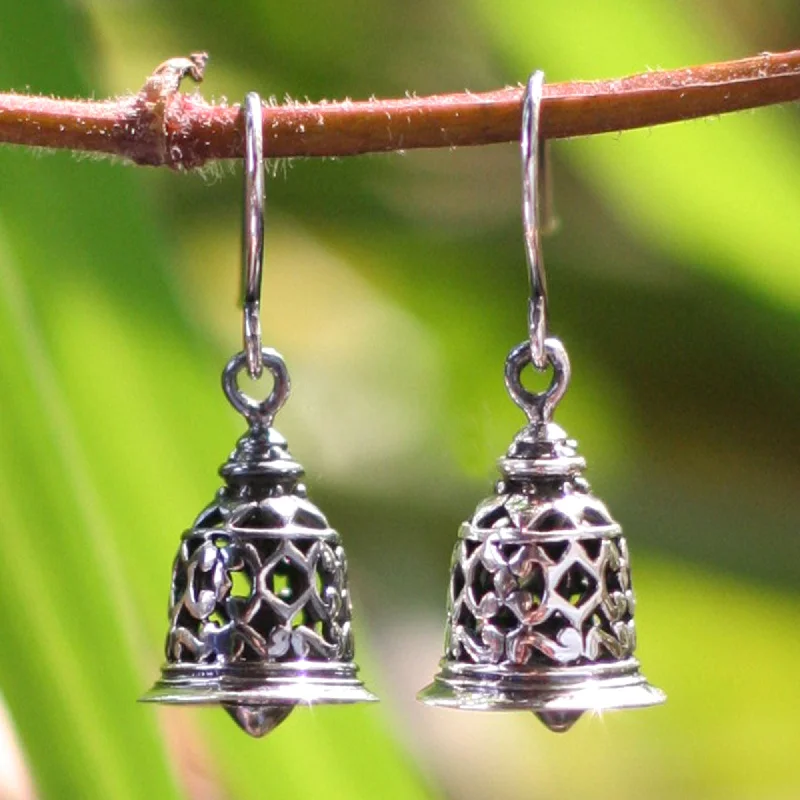 Hoop earrings with removable pendants for a versatile and customizable accessory-Temple Bell Silver Bell Shaped Dangle Hook Earrings