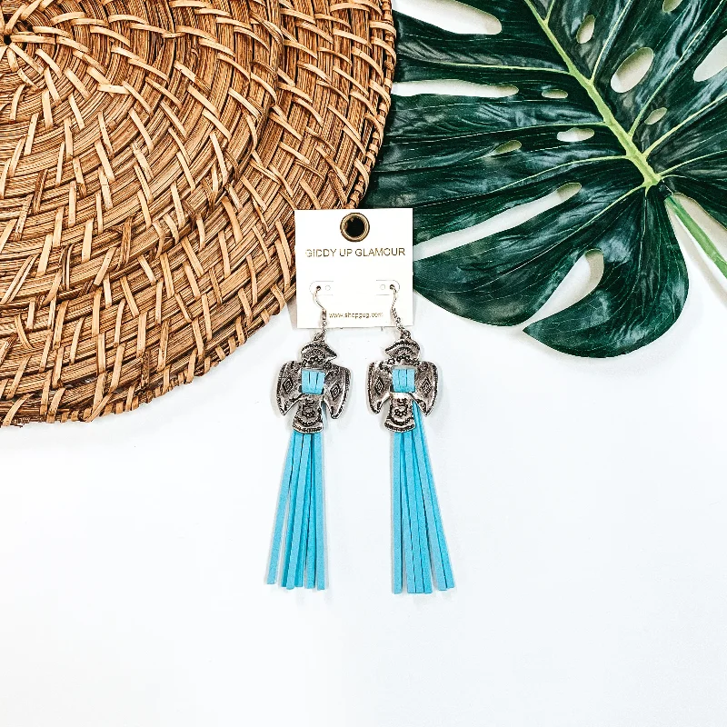 Hoop earrings with enamel stripes for a colorful and eye-catching design-Thunderbird Tassel Earrings in Turquoise