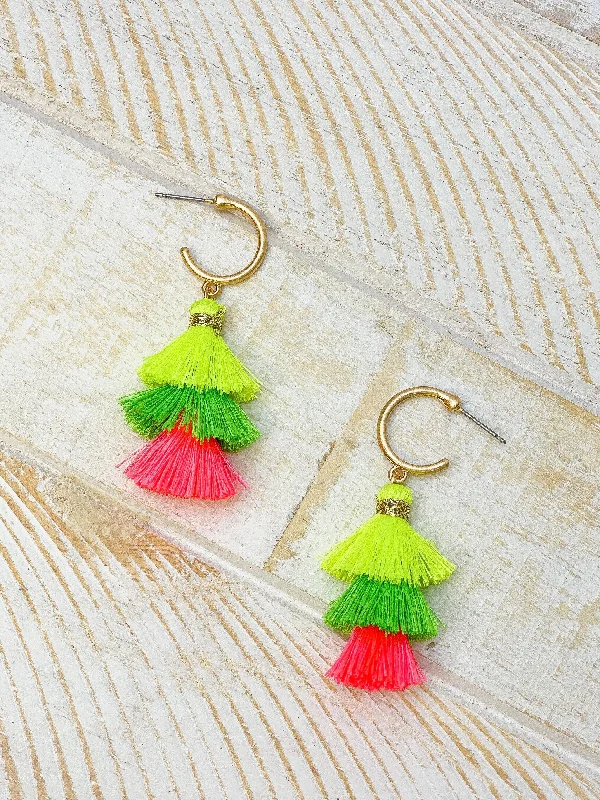 Best hoop earrings with oval shapes for a unique and elongated design-Triple Tassel Hoop Dangle Earrings - Neon