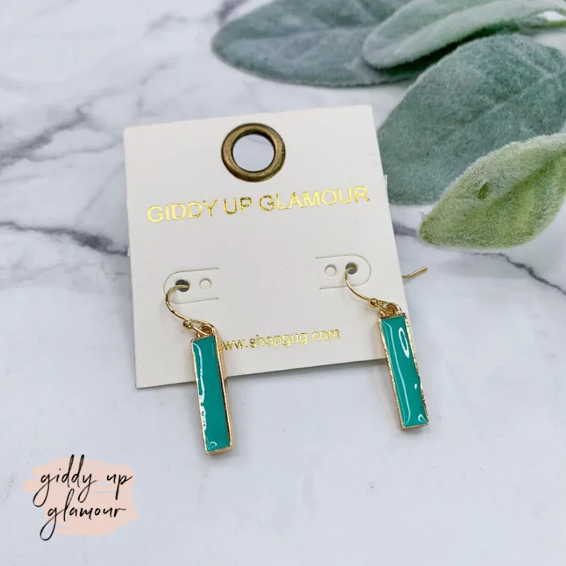 Hoop earrings with twisted leather for a chic and modern boho look-Rectangle Dangle Earrings in Turquoise and Gold