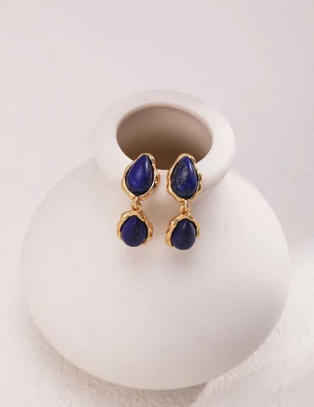 Hoop earrings with rhinestone-studded rims for a glamorous touch-Two Drop-shaped Gold Lapis Lazuli Earrings