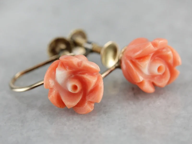 Best hoop earrings with crescent-shaped designs for a bold, moon-inspired style-Vintage Carved Coral Rose Earrings