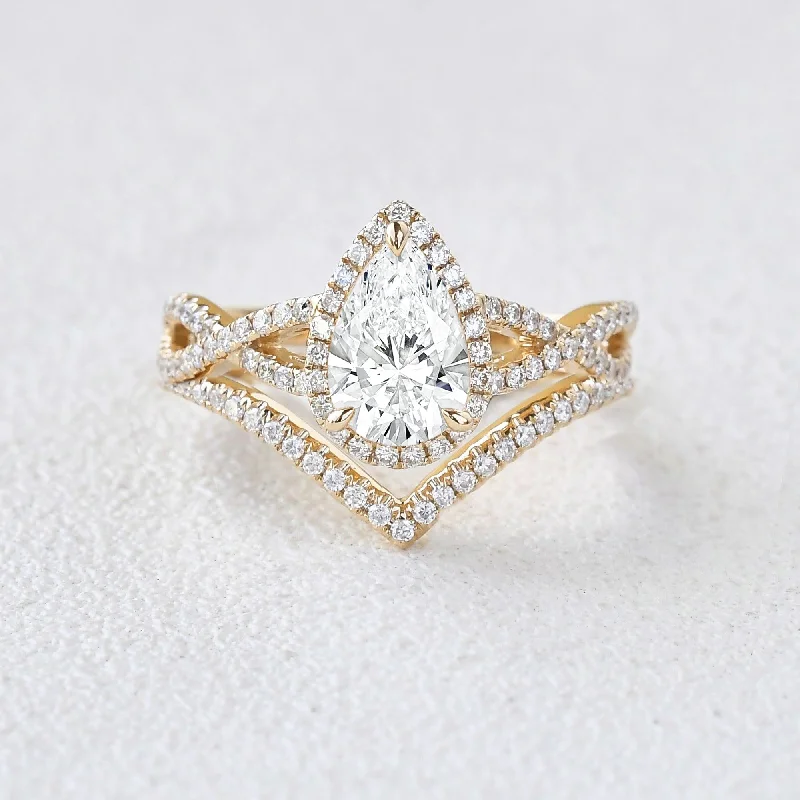 Engagement rings with vintage oxidized gold finish -1.0ct Pear Cut Halo Lab Grown Diamond Halo Engagement Ring Set 2pcs