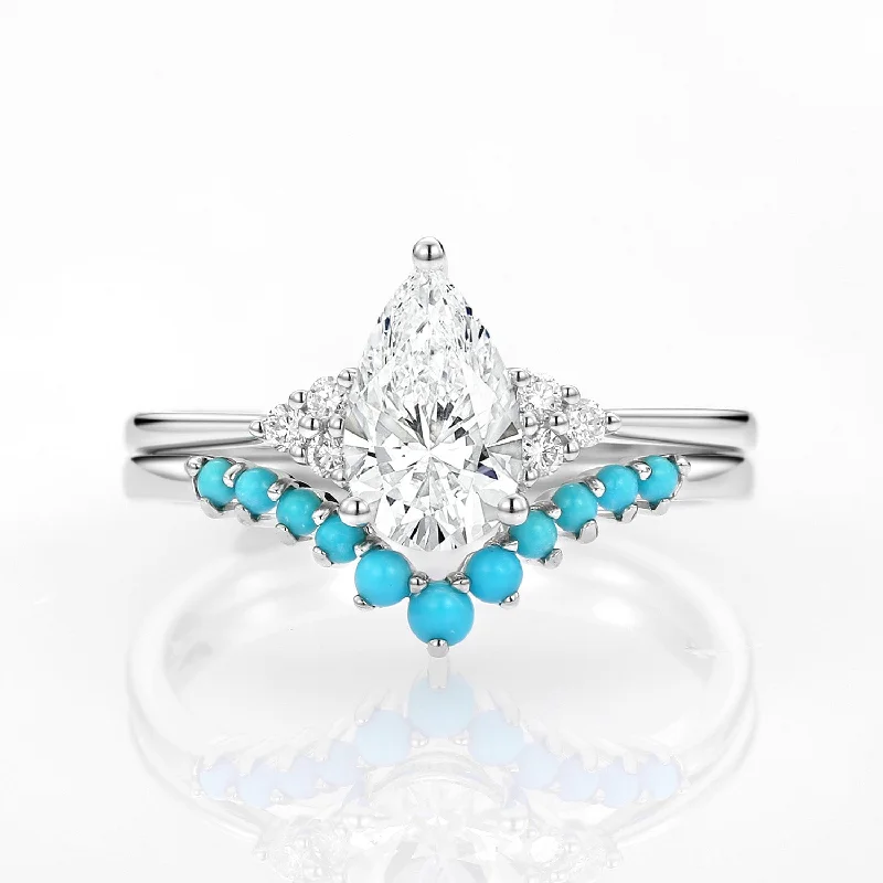 Engagement rings with engraved initials inside bands -1.0ct Pear Lab Grown Diamond Classic Turquoise Ring Set 2pcs