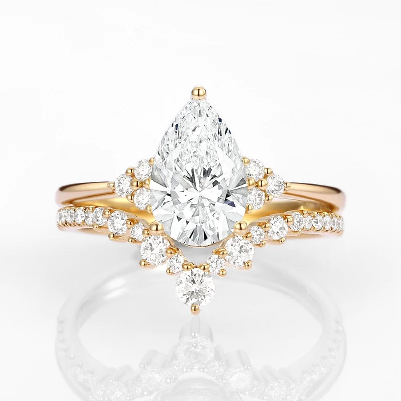 Engagement rings with yellow gold floral halos -1.5ct Classic Pear Lab Grown Diamond Ring Set 2pcs