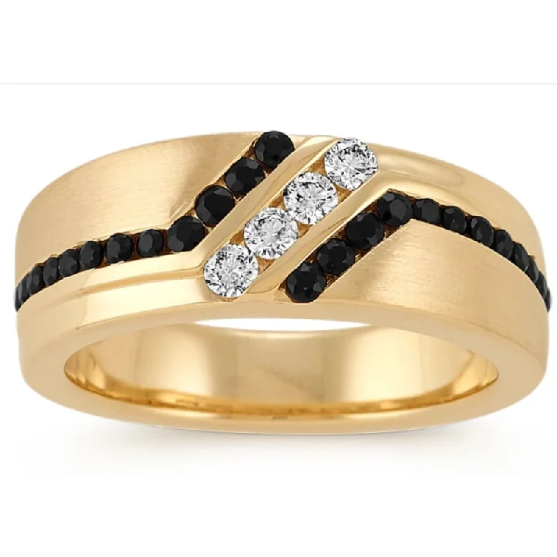 Engagement rings with engraved initials inside bands -1 Ct TW Mens Black & White Diamond Wedding Band Yellow Gold Ring