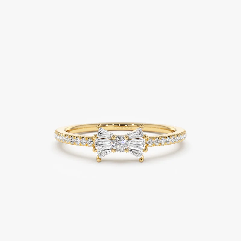 Engagement rings with engraved initials inside bands -14k Baguette and Round Diamond Bow Ring