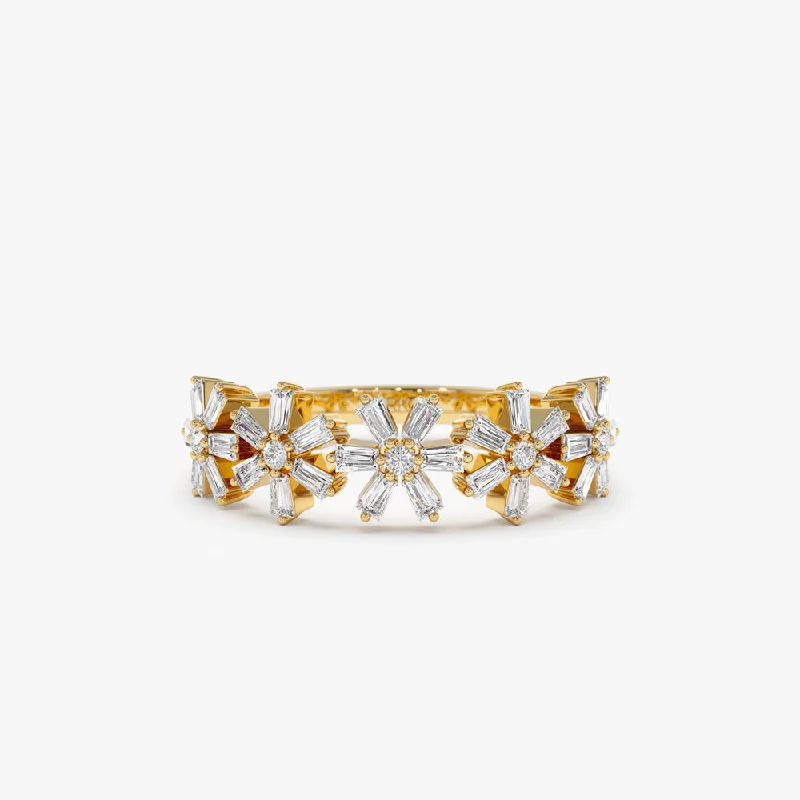 Engagement rings with yellow gold floral halos -14K Baguette Diamond Multi Flower Design Ring