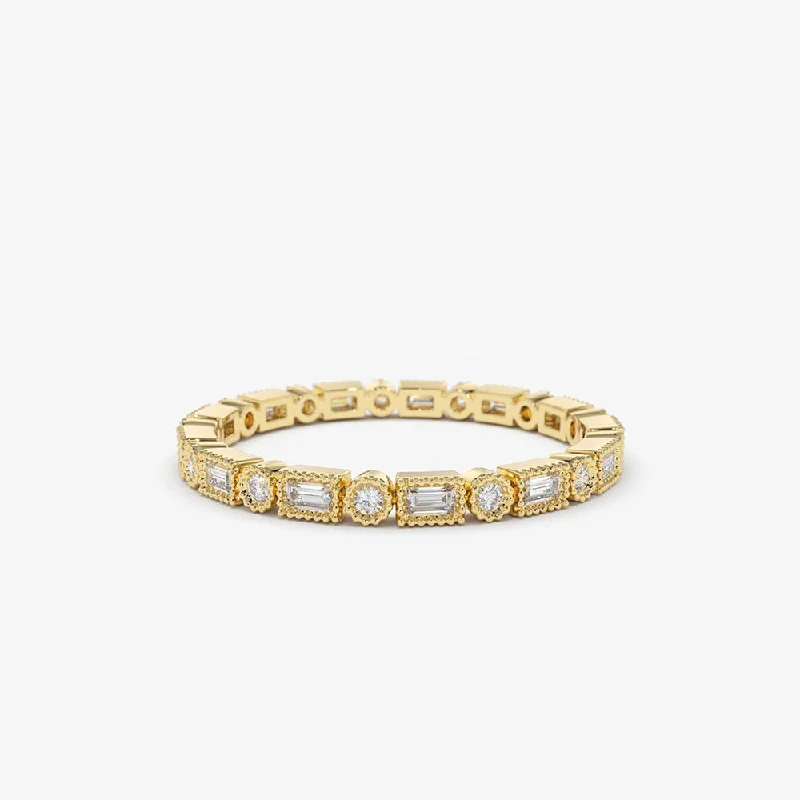 Engagement rings with mixed metal ruby bands -14K Baguette & Round Diamond Milgrain Bezel Full Eternity Ring