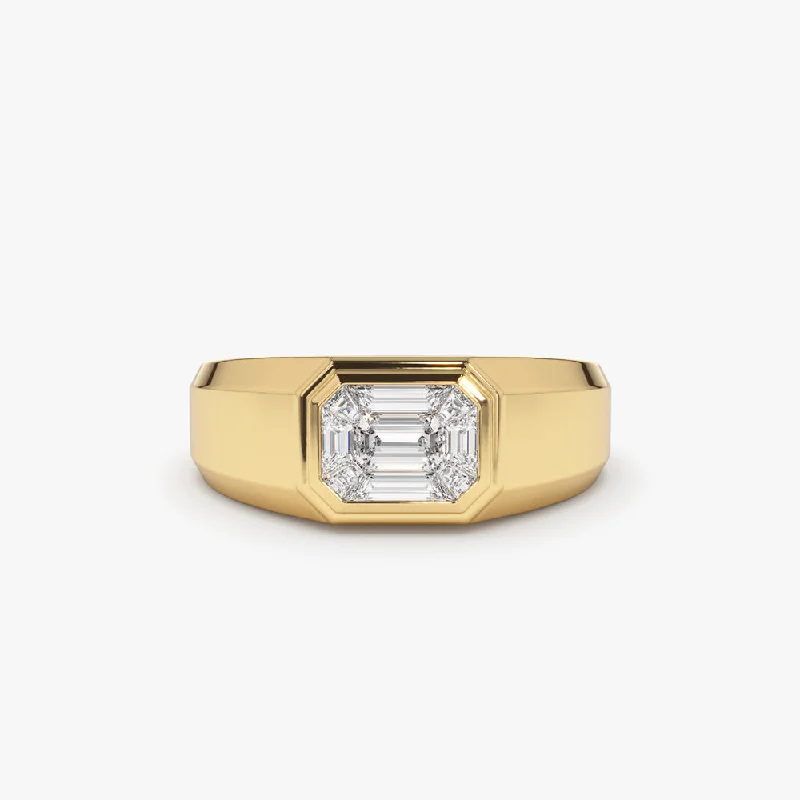 Engagement rings with bezel-set smoky quartz -14k Emerald Cut Illusion Mosaic Solitaire Pinky Ring