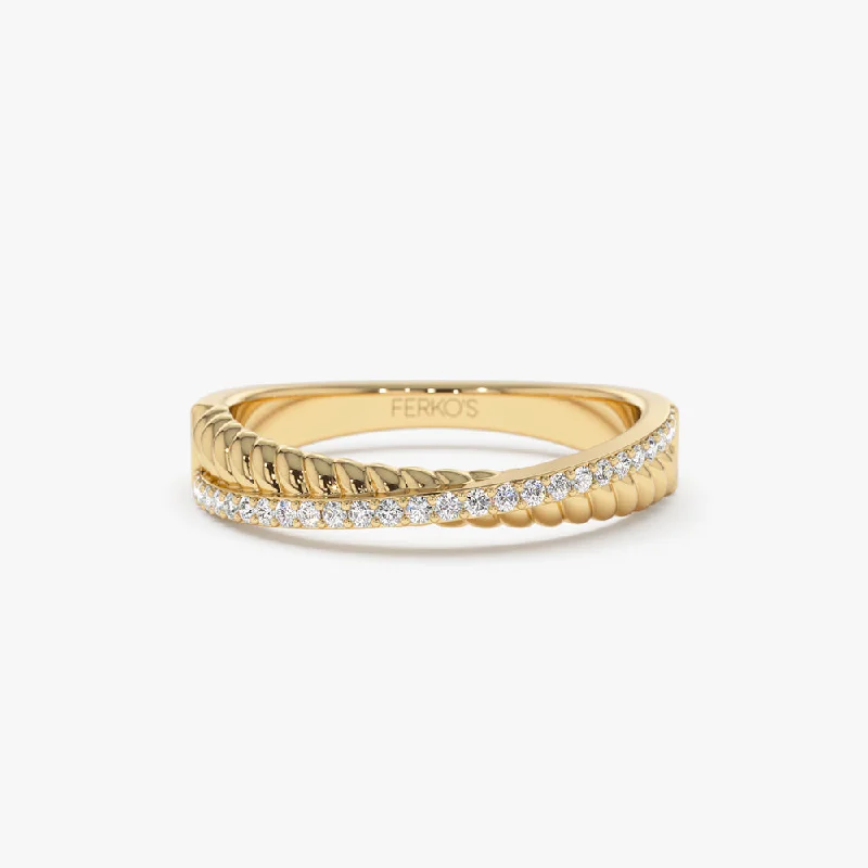 Engagement rings with bold coral for vibrancy -14k Gold Micro Pave Diamond Twisted Rope Criss Cross Ring