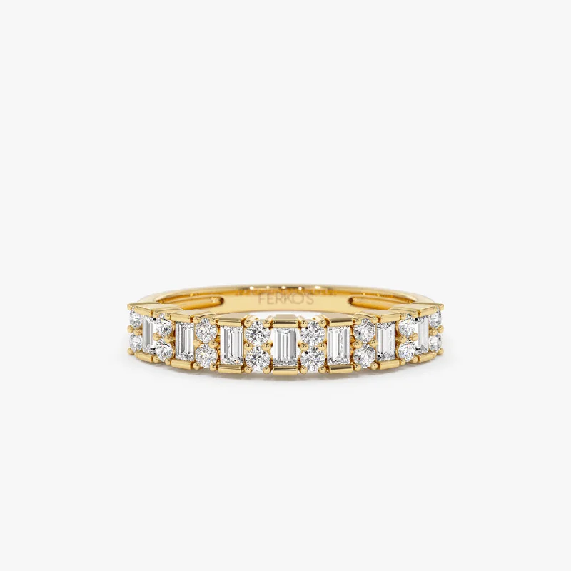 Engagement rings with pave-set citrine for warmth -14k Vertical Baguette and Round Diamond Wedding Band