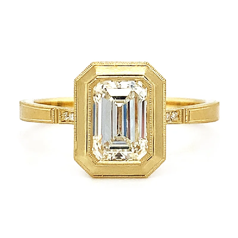 Engagement rings with trillion-cut peridot accents -Emerald Cut Diamond Engagement Ring - "Mariana Bezel"