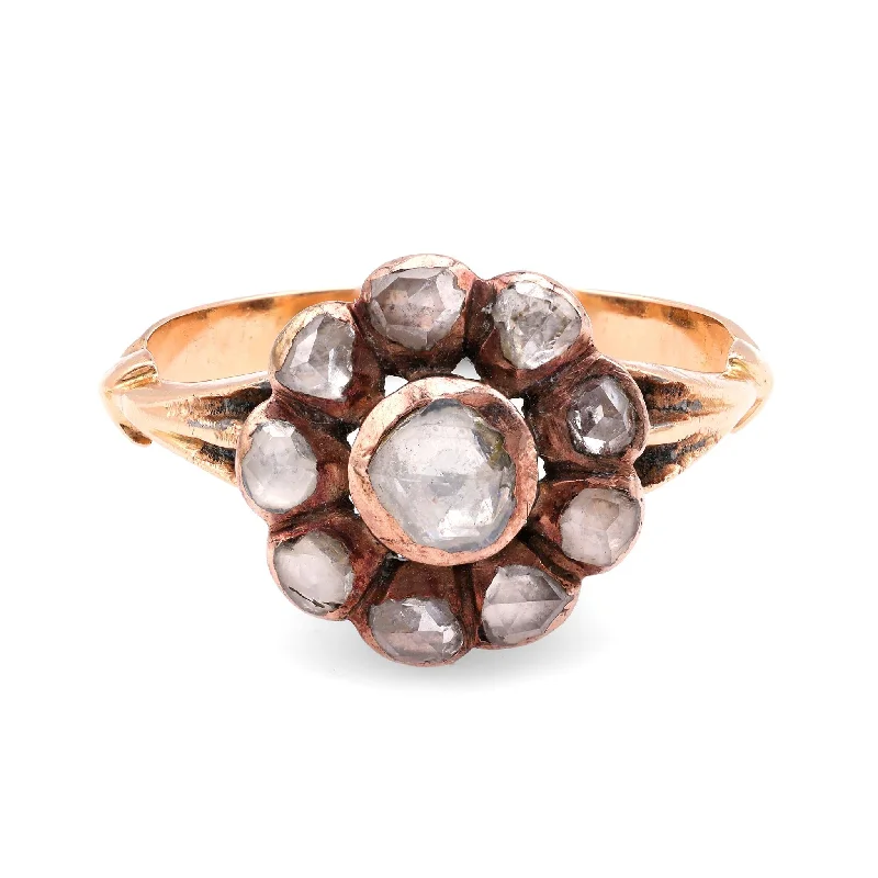 Engagement rings with raw amethyst for rugged -Antique Rose Cut Diamond 14K Rose Gold Cluster Ring