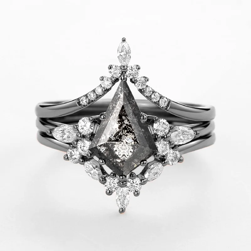 Custom engagement rings with engraved floral bands -Black Gold Kite Cut Salt and Pepper Diamonds Ring Set 3pcs