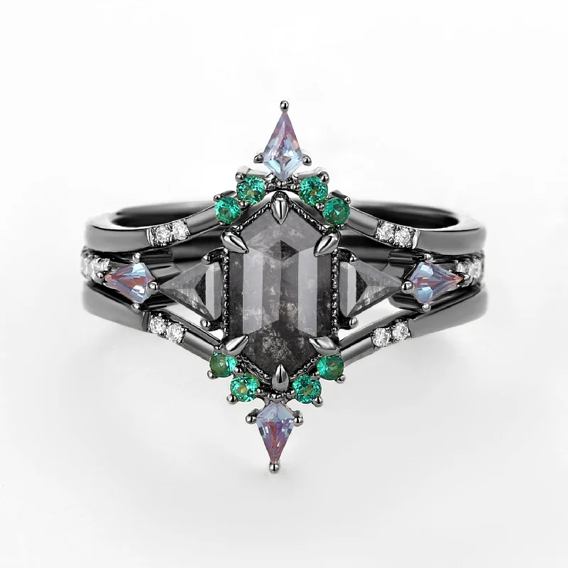 Engagement rings with vintage oxidized gold finish -Black Gold Long Hexagon Salt and Pepper Diamond & Opal & Alexandrite & Emerald Engagement Ring Set 3pcs - Max