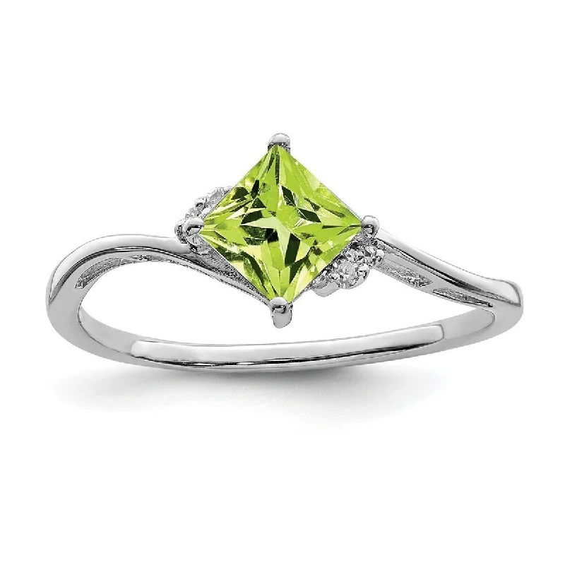 Silver engagement rings with affordable peridot gems -Curata 925 Sterling Silver Polished Open back Rhodium Plated Diamond and Peridot Square Ring