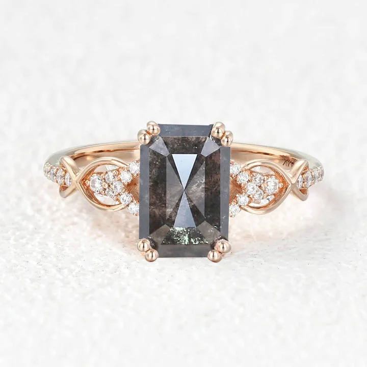 Engagement rings with yellow gold raw topaz -Emerald Cut Salt and Pepper Diamonds Infinity Gold Engagement Ring