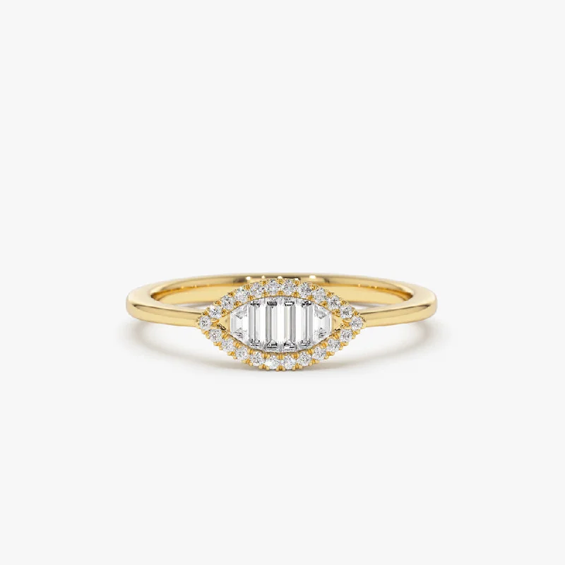 Gold engagement rings with pear-cut sapphire gems -Marquise Baguette Diamond Ring in 14K