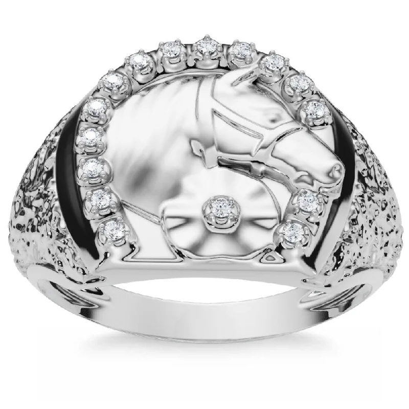 Engagement rings with engraved initials inside bands -Men's Pinkie Horse Lucky Diamond Ring Gold Lab Grown