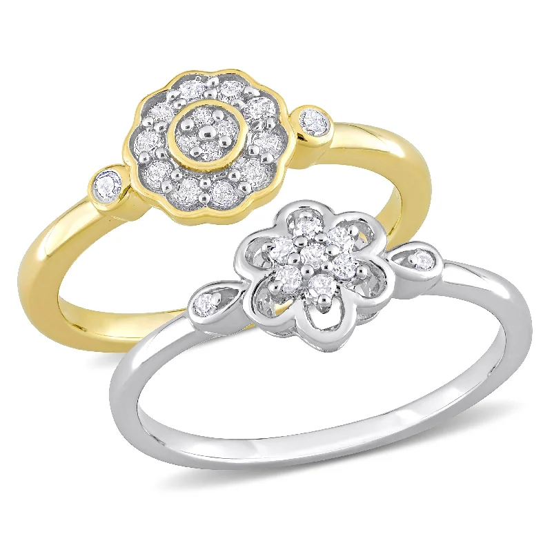 Engagement rings with art deco emerald settings -Miadora 1/3ct TW Diamond Flower Rings 2-Piece Set 2-Tone Yellow White Sterling Silver