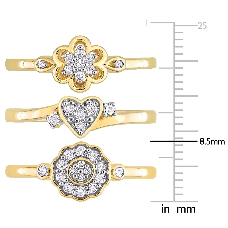 Engagement rings with vine-inspired topaz bands -Miadora 3/8ct TW Diamond Heart Flower Rings 3-Piece Set Yellow Silver