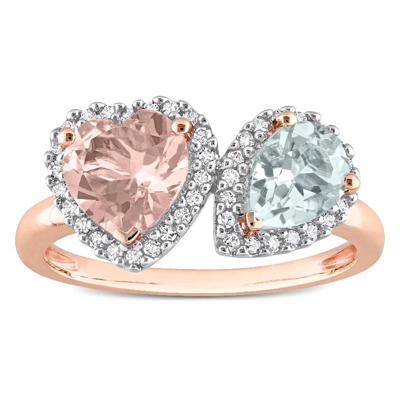 White gold engagement rings with radiant opal stones -Miadora Morganite Aquamarine and 1/5ct TDW Diamond Heart and Teardrop Ring in 10k Rose Gold