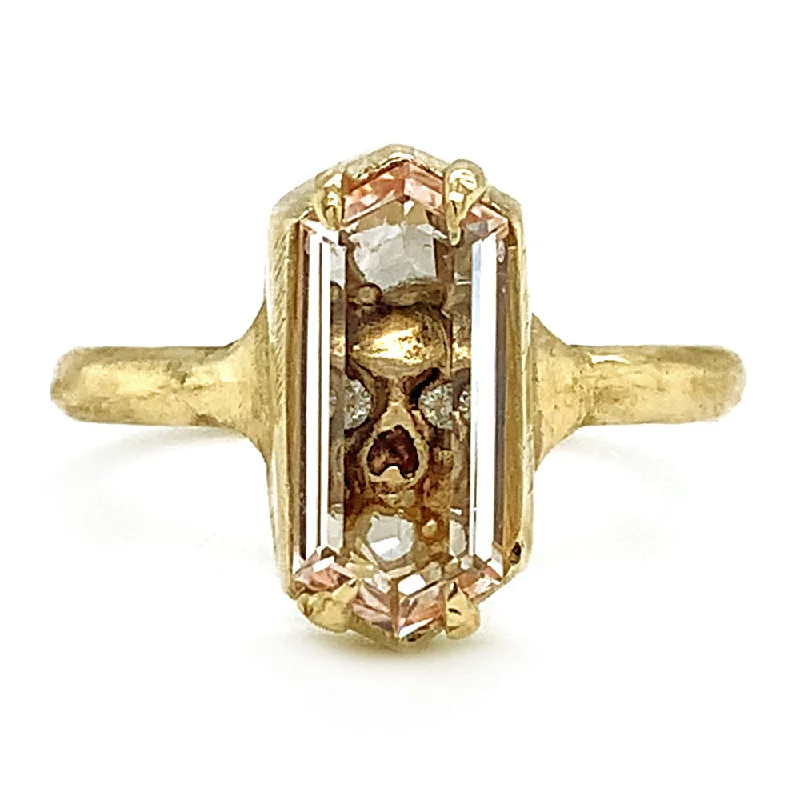 Engagement rings with modern black onyx center -Morganite, Diamond & Yellow Gold Skull Ring - "Into the Crypt"