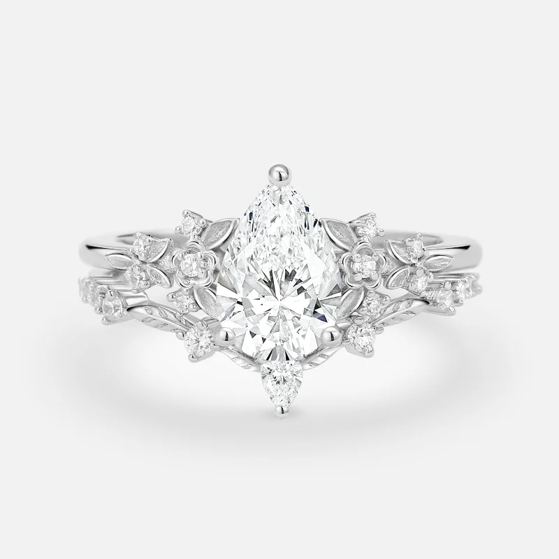 Engagement rings with floral halo of topaz -Pear Shaped Lab Grown Diamond Flower Bridal Ring Set 2pcs