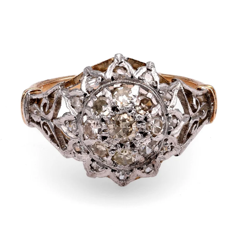 Engagement rings with vintage oxidized gold finish -Two-Tone Retro Diamond Cluster Ring