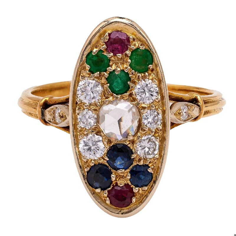 Engagement rings with asymmetrical halo of jade -Vintage French Diamond and Gemstone 18k Yellow Gold Ring