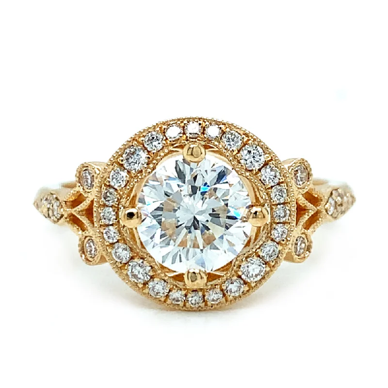 Engagement rings with minimalist moonstone center gems -Yellow Gold and Diamond Halo Ring-"Eternal Love"