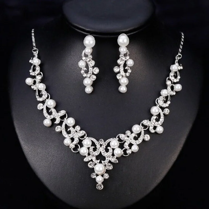 Heavy Duty Drop Earrings for Durability -3 Pcs SILVER Jewelry Set Chandelier Swirl Pearls & Rhinestone (Earrings & Necklace) JS-029