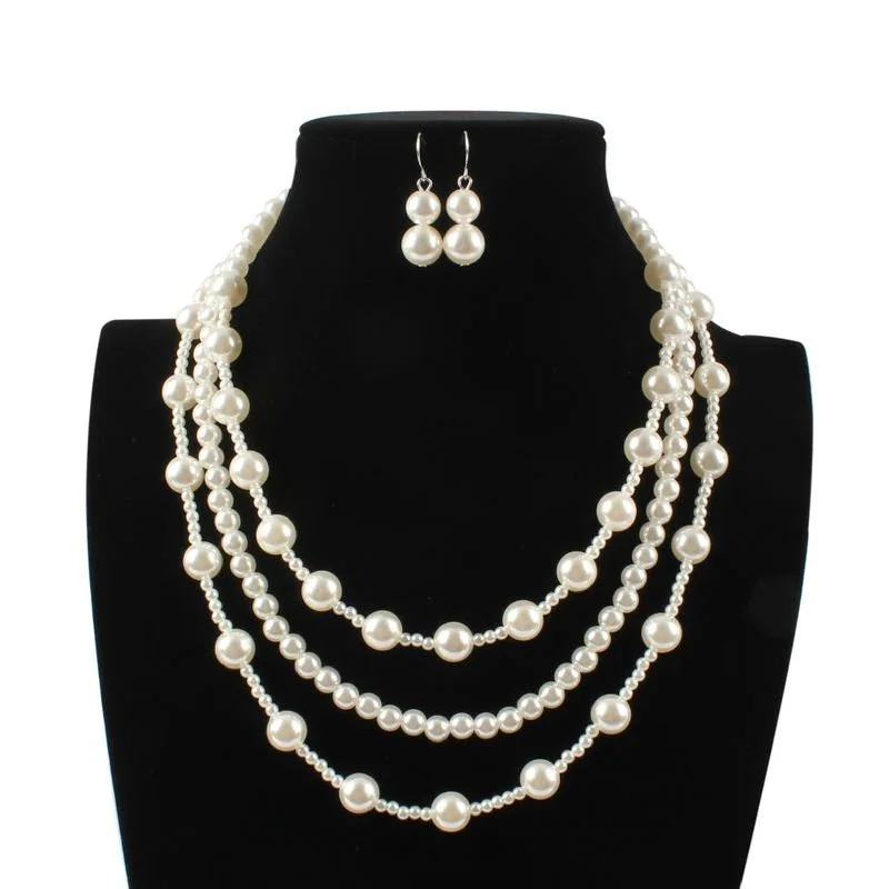 Screw Back Drop Earrings for Security -3 Pcs Multi strand Pearl Jewelry Set (Pearls, Rhinestone Earrings & Necklace) JS-024