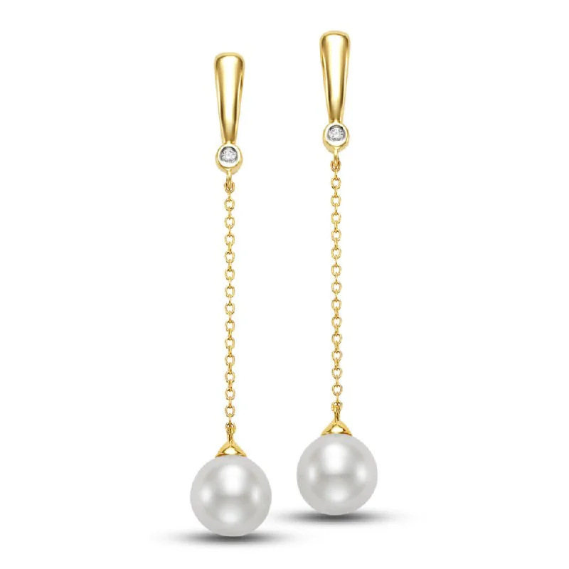 Drop Earrings for Wedding Ceremony -14k Freshwater Pearl Diamond Bezel Drop Earrings