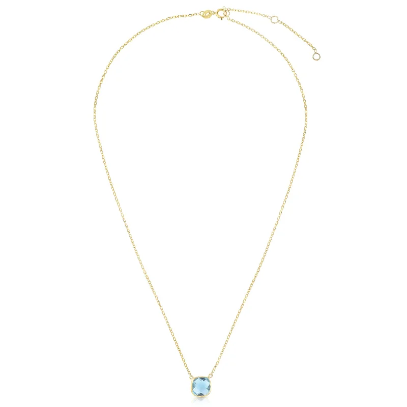 Unique necklaces and pendants with engraved messages for a sentimental gift-14K Gold Blue Topaz Cushion Solitiare Necklace