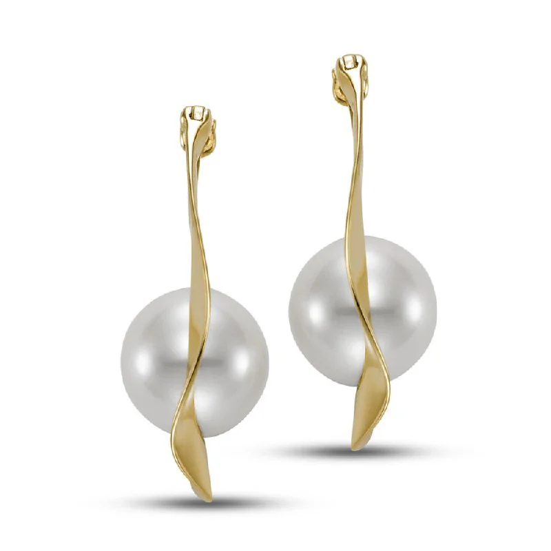 Drop Earrings with Debossed Designs -14k Gold Pearl in Wave Hoop Earrings