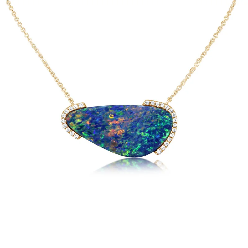 Trendy necklaces and pendants with geometric shapes for a modern aesthetic-14K Yellow Gold Australian Opal Doublet/Diamond Neckpiece