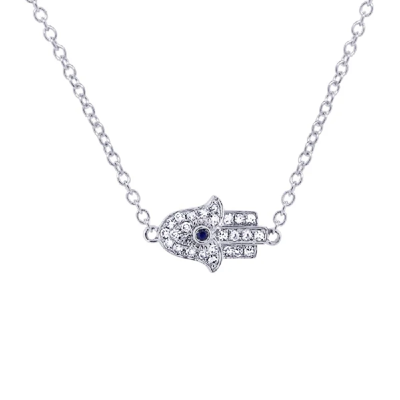 Best necklaces and pendants with opal gemstones for an iridescent glow-14KT WHITE GOLD SAPPHIRE AND DIAMOND PAVE HAMSA NECKLACE