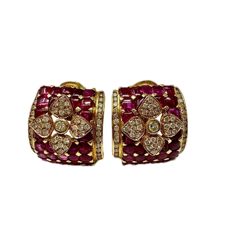 Drop Earrings with Keyhole Designs -18K Gold Diamond and Ruby Square Clip-on Earrings