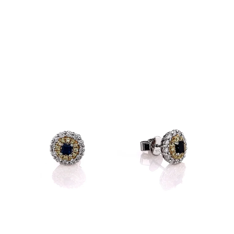 Punk Drop Earrings with Spikes -18k Two-Tone Sapphire and Yellow/White Diamond Double Halo Stud Earrings