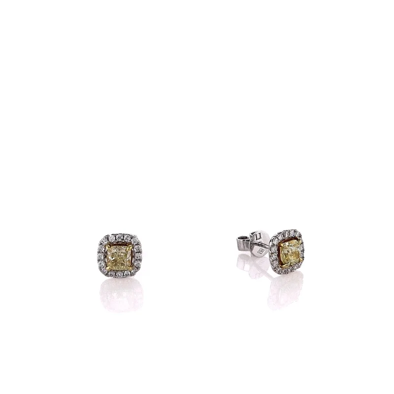 Indian Drop Earrings with Intricacy -18k White Gold Yellow and White Diamond Halo Square Stud Earrings