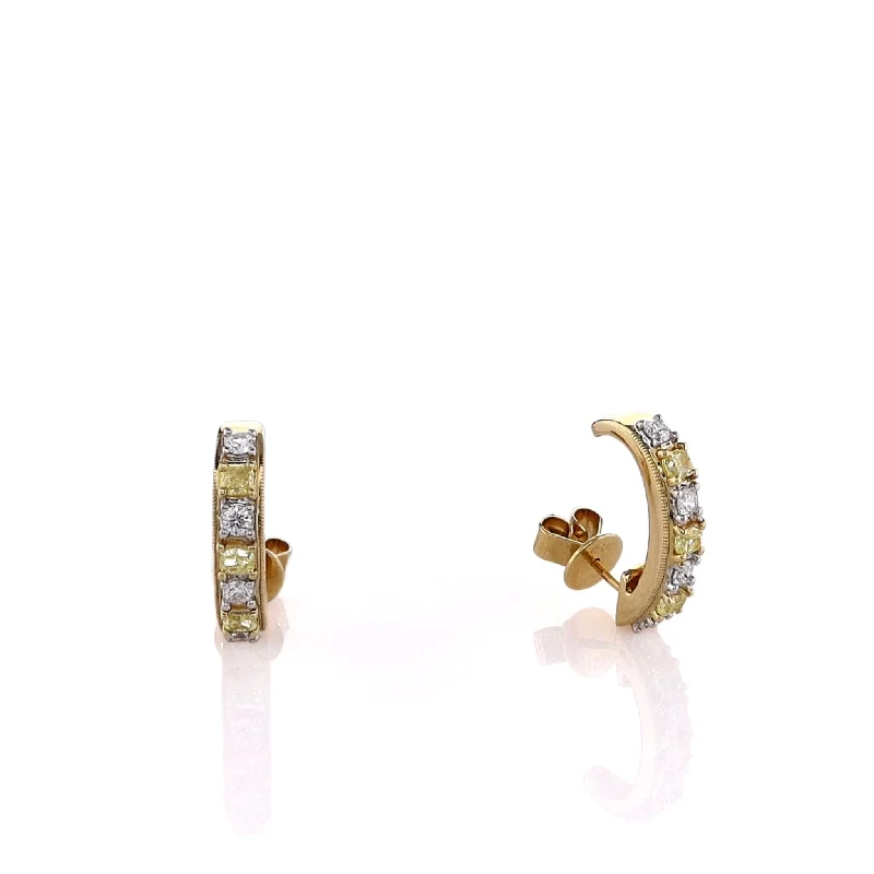 African Drop Earrings with Culture -18k Yellow Gold Alternating Yellow and White Diamond J Hoop Earrings