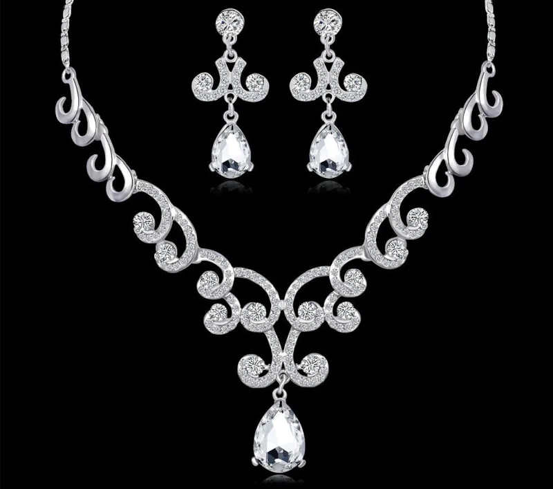 Tarnish Resistant Drop Earrings for Longevity -3 Pcs SILVER Jewelry Set Chandelier Pearls & Rhinestone (Earrings & Necklace) JS-045