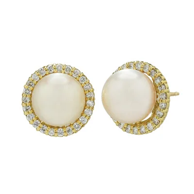 Drop Earrings with Abstract Designs -Akoya Pearl Earrings in 18kt Yellow Gold with Diamond Jacket (.70ct tw) (9.5mm)