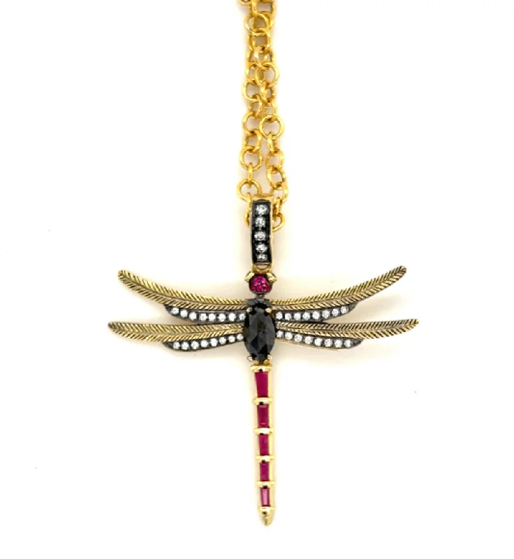 Stunning necklaces and pendants with birthstone pendants for a personal touch-Black Diamond Dragonfly Charm in 18kt Green Gold