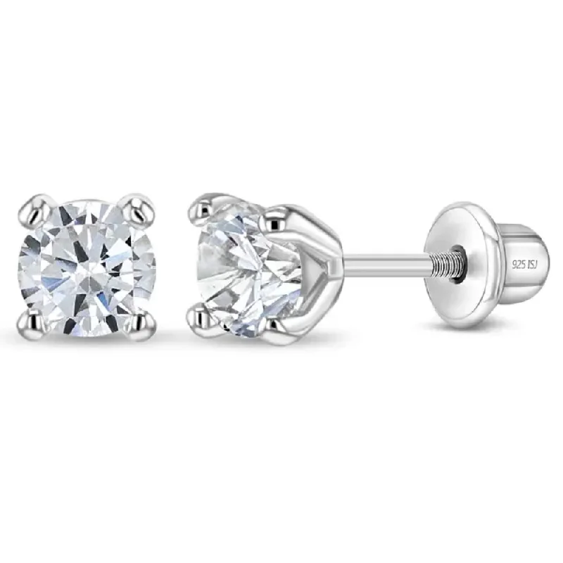 Retro Drop Earrings for Nostalgia -Children's Modern Solitaire CZ Sterling Silver Screw Back Earrings